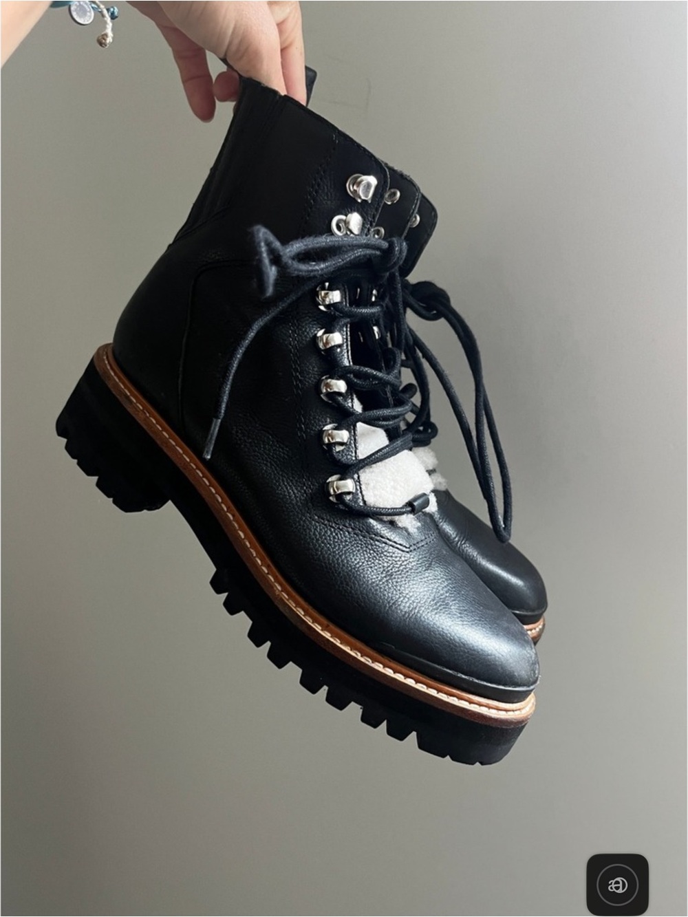 Marc Fisher Black Leather Shearling Combat Hiker Boots 6 Gorpcore Nordic Cabin